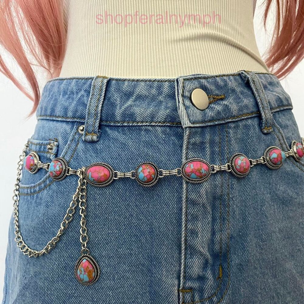 Silver Y2K Western Pink Turquoise Concho Chain Belt, Fits 33-43 Inches, X7GA1476